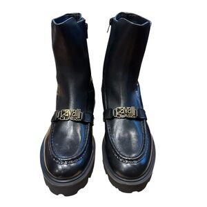 Roberto Cavalli Class Black Leather Cortina Platform Lug Boots Womens  US 9.5/EU